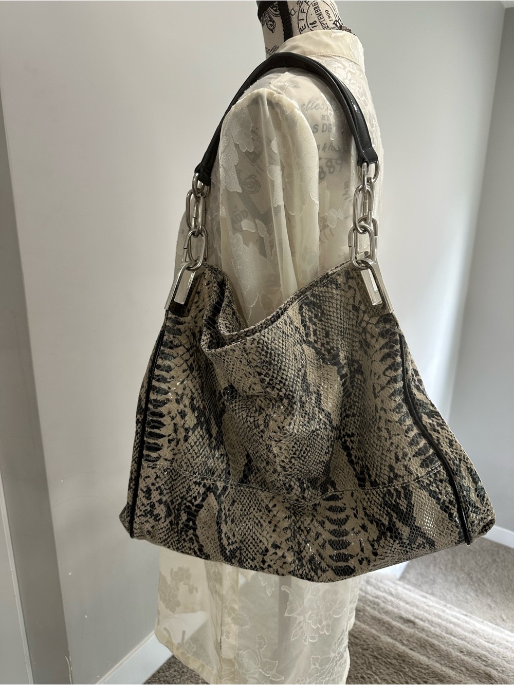 Large Snakeskin Print Shoulder Bag – Neutral Statement Purse